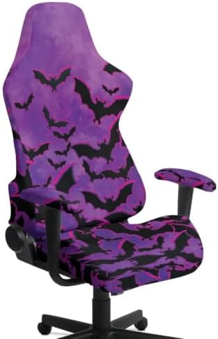 Halloween Gaming Chair Protector Slipcover 4-Piece Fits Office/PC Boss Recliners Anti-Scratch Washable with Zipper for Living Room Purple Black Bat