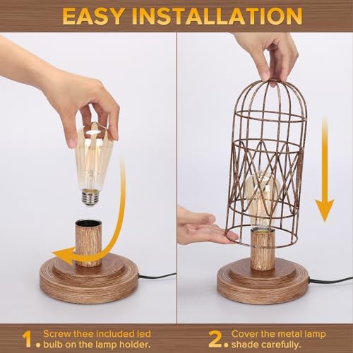 Touch Table Lamp, Industrial Desk Lamp with Rustic Wood Metal Cage Shade