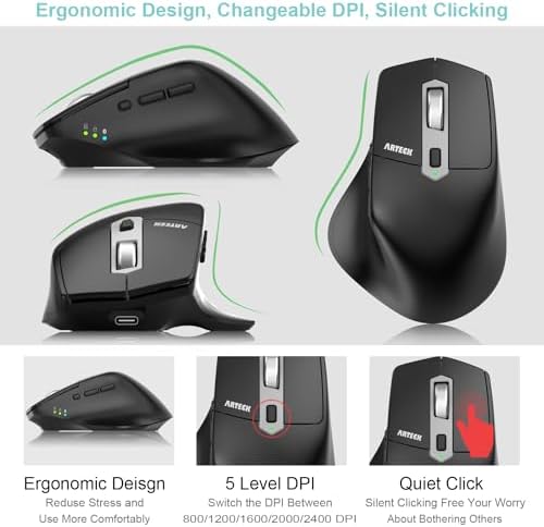 Arteck Multi-Device Wireless Bluetooth Mouse with Nano USB-A, USB-C Receiver Ergonomic Right Hand Silent Clicking Rechargeable Mouse for Computer Desktop PC Laptop Mac iPad and Windows 11/10 iPad OS
