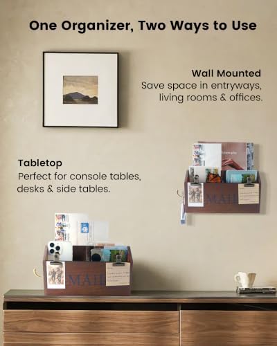 DLQuarts Solid Wood Mail Organizer Countertop or Wall Mounted, Rustic Brown