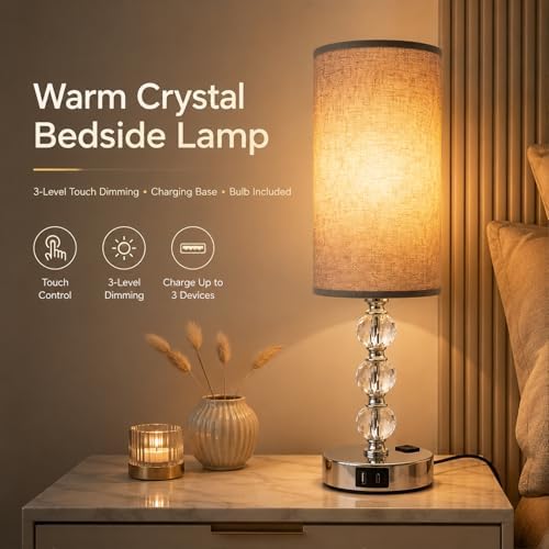 Crystal Table Lamp 14.6", 3-Way Dimmable with Touch Control, USB Charging Ports & AC Outlet, Bulb Included, – 3000K Warm White for Bedroom Living Room