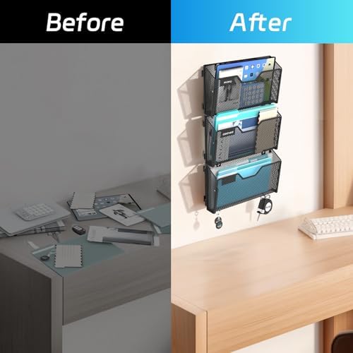 SUPEASY 6-Pack Wall File Holder and Wall File Organizer with Hooks, Black