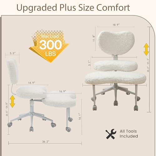 Cross Legged Chair with Footrest, Plus Size Criss Cross Office Chair, Memory Foam Cushion, Armless Swivel Desk Chair with Wheels, Active Sitting for Home Office,Artificial Rabbit Fur