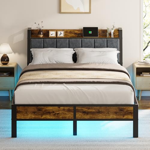 Full Size Bed Frame with Smart LED Light, Charging Station