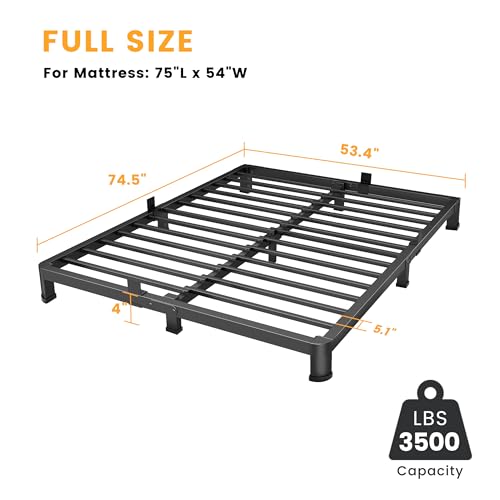 4 Inch Full Bed Frame Low Profile with Rounded Legs, Easy Assembly