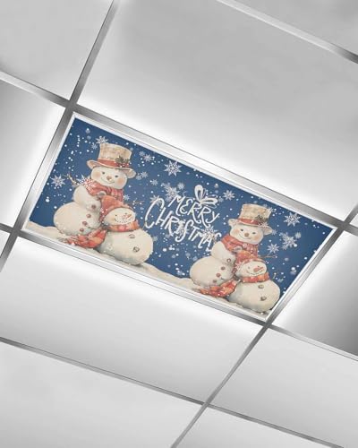 Christmas Snowman Magnetic Fluorescent Light Covers for Ceiling Lights 2 x 4 Feet,Vintage Snowflakes Watercolor Blue Office Classroom Kitchen Drop Ceiling Light Covers Filters Shade Panel 1 Pack