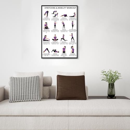 Stretching & Mobility Workout Poster, 16 Illustrated Full-Body Flexibility Chart with Timed Hold Guides, Bodyweight Daily Stretch Reference for Desk Soreness & Post-Workout Joint Recovery(20x30inchs，Black Framed)