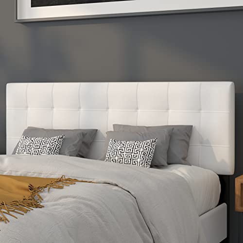 Bedford Box Stitch Tufted Upholstered Queen Size Headboard in White Fabric