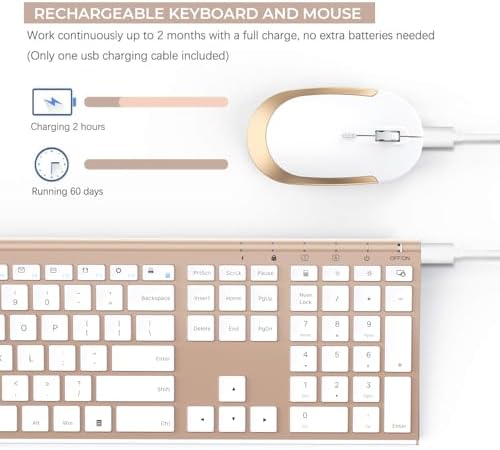 Vssoplor Wireless Keyboard and Mouse, Rechargeable Ultra Slim, White Gold