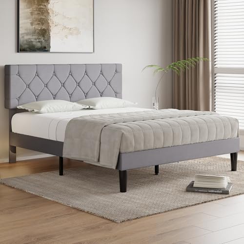 Full Bed Frame with Upholstered Tufted Headboard, Grey
