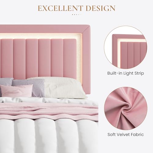 Queen Size Velvet Bed Frame with LED Light, Pink