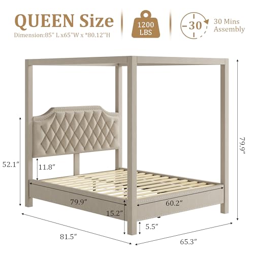Upholstered Canopy Bed Queen Size with Button Tufted headboard