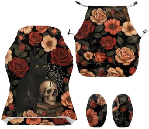 Gothic Black Cat Rose Skull Gaming Chair Cover Stretchable Game Chair Slipcovers with 2 Armrest Covers, Scratch-Proof Gamer Desk Chair Covers for Computer Office Seat