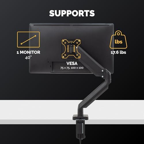 Fellowes Platinum Series Single Monitor Arm for 40-Inch Monitors, Full Motion, 360° Rotation, VESA Mount with Grommet or Clamp, USB Ports, Ergonomic, Black, 8043301