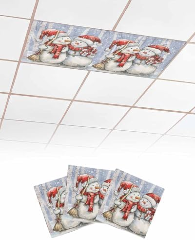 Christmas Magnetic Fluorescent Light Covers for Ceiling Lights 2 x 4 Feet,Snowman Forest Snowy Tree Snowflakes Blue Office Classroom Kitchen Drop Ceiling Light Covers Filters Shade Panel 3 Packs