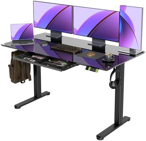 Claiks Glass Standing Desk with Drawers 55x24 Inch Black