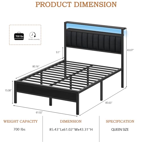 Queen Size Bed Frame with Charging Station and LED Lights