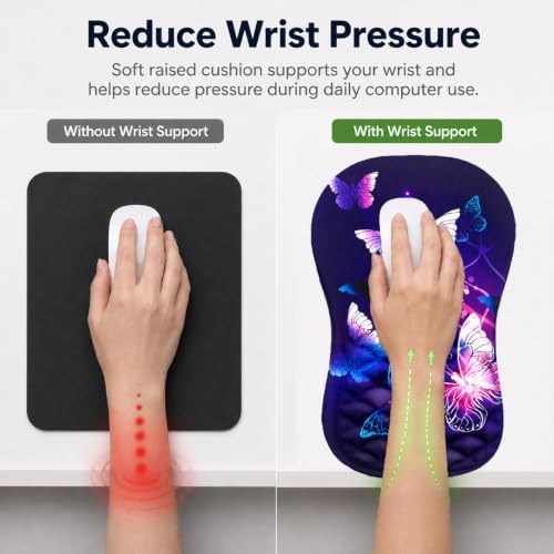 Ergonomic Mouse Pad with Wrist Rest, Mouse Pad with Memory Foam Massage Support, Non-Slip PU Base, Comfortable Typing Cushion for Home Office Computer Laptop, Butterfly