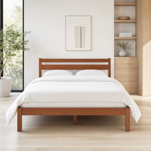 Full Bed Frame with Headboard Classic Wood Platform, Noise Free, Under Bed Storage, No Box Spring Needed, Easy Assembly, Cherry