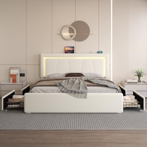 Full Size Bed Frame with 4 Storage Drawers, LED Light, White Upholstered
