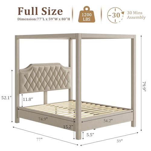 Full Canopy Bed Frame with Upholstered Headboard