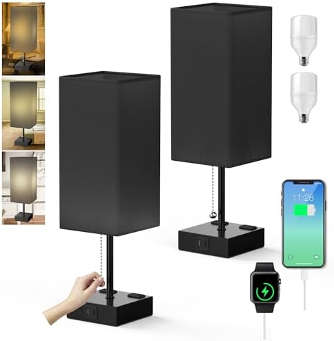 YIDPU Table Lamp for Bedroom with USB,Bedside Lamp with USB C+A Charging Ports,Adjustable 3color LED Light for Home Decor/Nightstand/Office,Included Bulb and Fabric Lamp Shade (Linen Black, 2PCS)