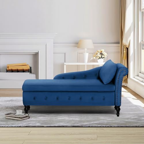 Velvet Chaise Lounge w/Right Armrest & Storage Space, Blue