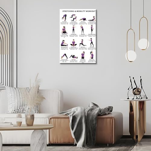 Stretching & Mobility Workout Poster, 16 Illustrated Full-Body Flexibility Chart with Timed Hold Guides, Bodyweight Daily Stretch Reference for Desk Soreness & Post-Workout Joint Recovery(20x30inchs，Black Framed)