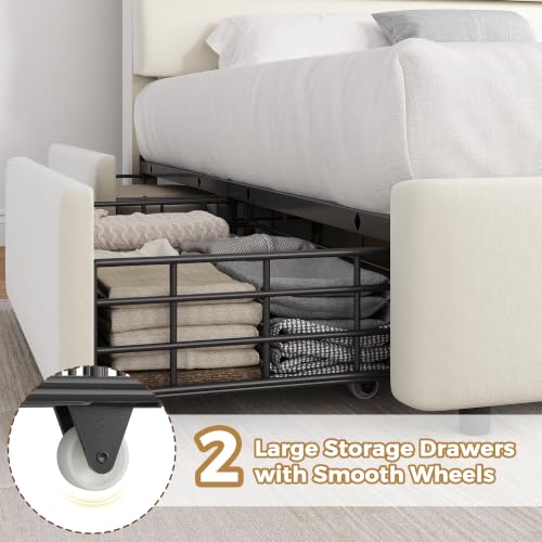 Beige Queen Size Bed Frame with 2 Storage Drawers&Headboard Shelf