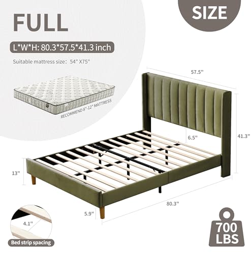 Full Bed Frame，Platform Bed with Upholstered Headboard，Grass Green
