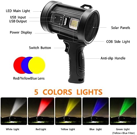 Rechargeable Flashlight, Handheld Flashlight with Cob Light, 4 Color 6 Modes Portable LED Flashlight for Hunting Boating Camping