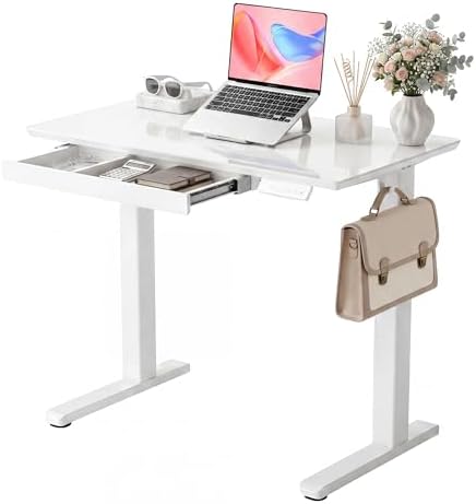 INNOVAR Glass Standing Desk with Drawers 35 x 20 Inch Super White