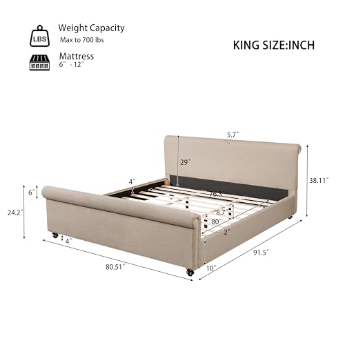 King Size Upholstered Bed Frame with Linen Fabric, Thick Headboard and Solid Wood Legs, Sand