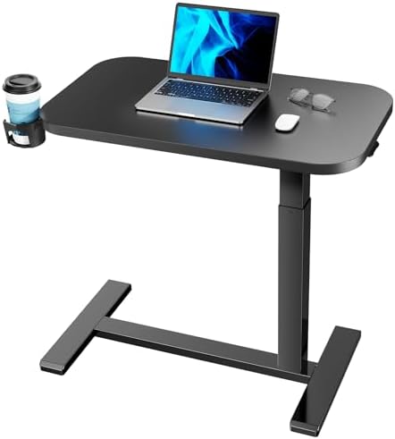 HUANUO 32Inch Bedside Table with Wheels, Height-Adjustable Rolling Computer Cart, Overbed Table with Cup Holder, Pneumatic Laptop Standing Desk for Home Office, Black