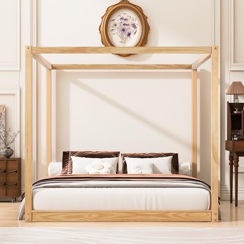 Modern King Size Wood Canopy Bed Floor Platform Bed Frame/No Box Spring Needed/Easy Assembly, Nutural