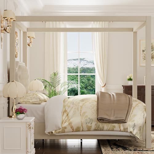 Upholstered Canopy Bed Queen Size with Button Tufted headboard