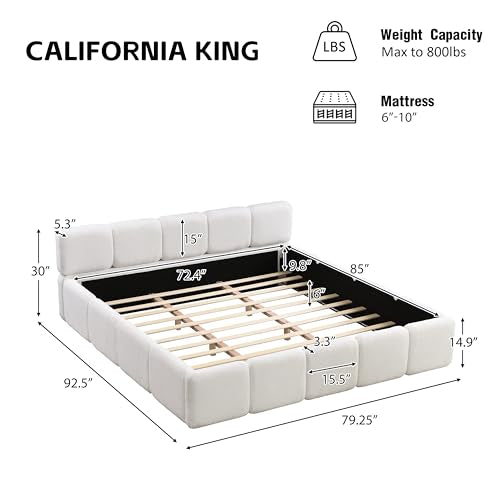 California King Boucle Platform Bed, Headboard and Footboard, White