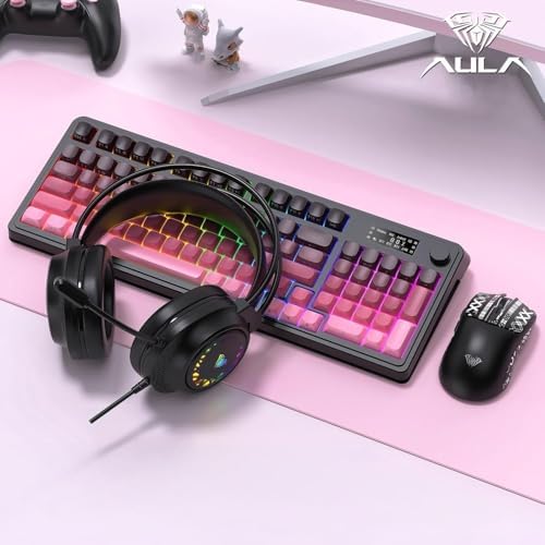 AULA S99 Pro Keyboard, Wireless Keyboards with Media Knob Custom RGB Backlit, 3-Modes BT/2.4G/USB-C Membrane Gaming Creamy Keyboard for Windows/MAC/PC Gamer - Black Pink