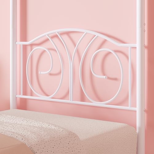 Twin Canopy Bed Frame, Vintage Scrollwork Headboard, Pure White