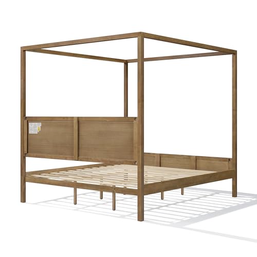 King Canopy Bed Frame with Headboard & 4 Posters, Antique Natural