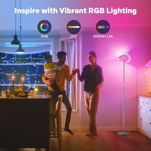 SIBRILLE Silver Gray RGBCW Floor Lamp, Bright Color Changing RGB Standing Lamp, Modern Stepless Dimmable LED Tall Lamp with Remote Control, 20W 3000-6000K Floor Lamps for Living Room, Bedroom, Office