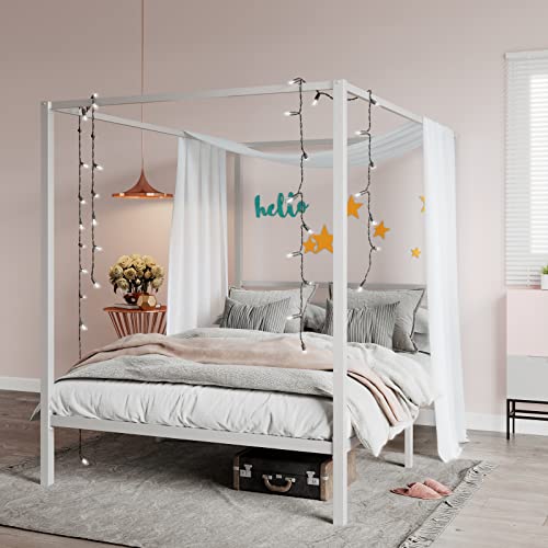 Queen Size Canopy Bed Frame with Heavy Duty Metal Slats, White
