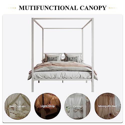 Queen Size Canopy Bed Frame with Heavy Duty Metal Slats, White