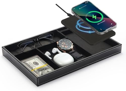 Valet Tray with Wireless Charging, All in one Nightstand Organizer for Men