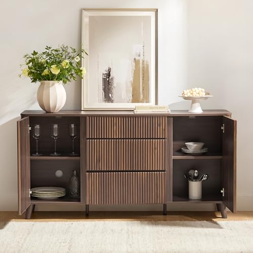 CHITA 62" Fluted Sideboard Buffet Cabinet with 3 Drawers, Walnut