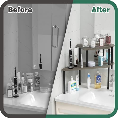 Weenson Bathroom Counter Organizer Over Sink Organizer for Toiletries, Makeup, Kitchen Countertop Organizer Spice Rack for Salt, 2-Tier Corner Counter Shelf for Coffee Area Storage(Rustic Grey)