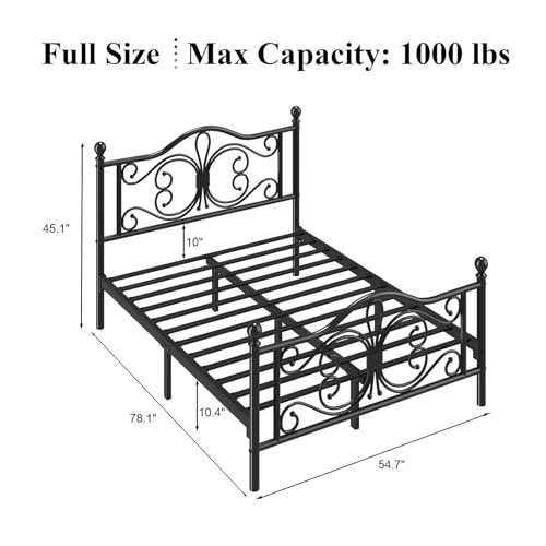 Full Bed Frame with Butterfly Pattern Design Headboard & Headboard, Black