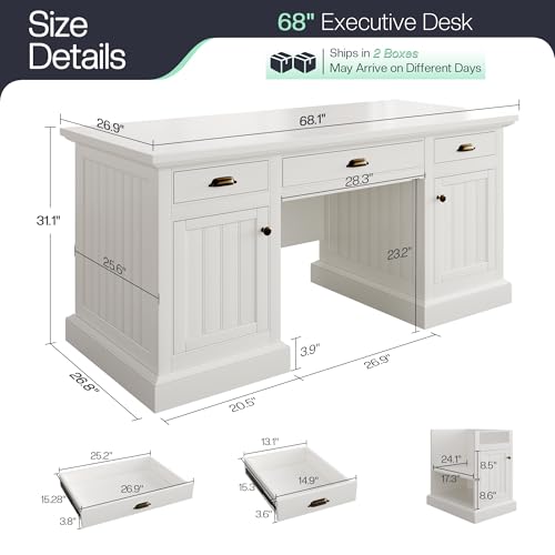 68" Executive Desk for Home Office & Study, Pure White