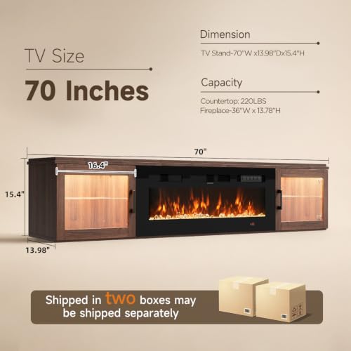 70" Floating TV Stand with Fireplace, Brown