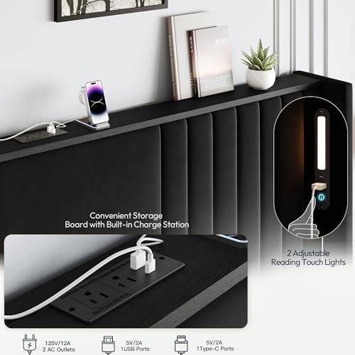 55" Tall King Size Platform Bed Frame with 2 Reading Lights, Black